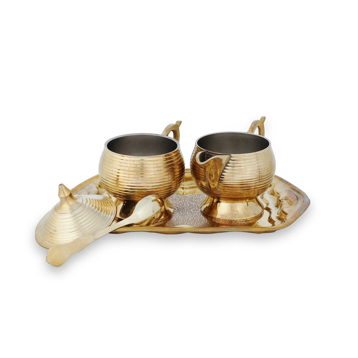 Front View of Shiny Golden Color Striped Brass Creamer Set - Showcasing Sugar Pot with Open Lid, Creamer Bowl, Spoon & Tray