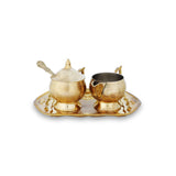 Front View of Shiny Golden Color Striped Brass Creamer Set - Showcasing Sugar Pot, Creamer Bowl, Spoon & Tray