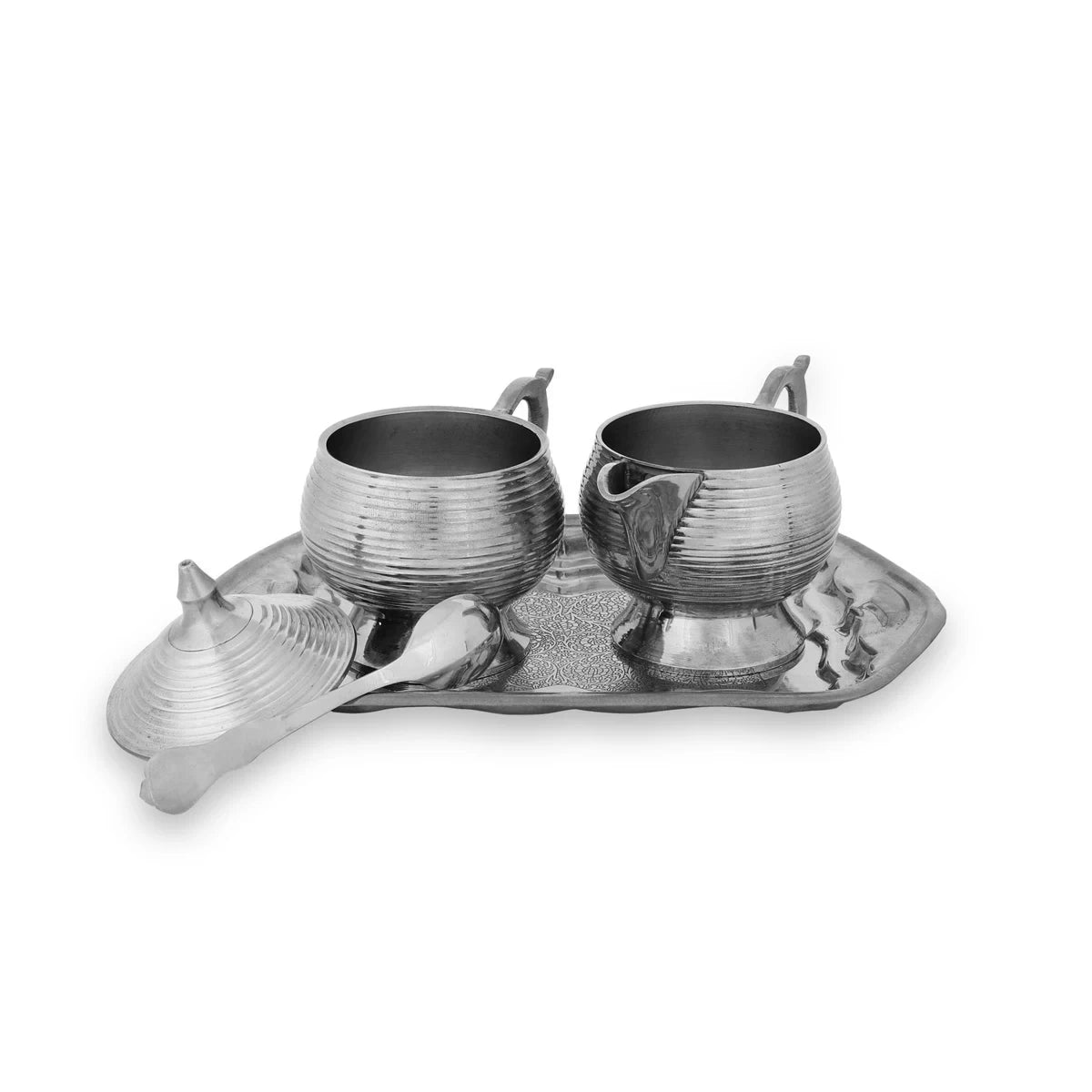 Front View of Shiny Silver Color Striped Brass Creamer Set - Showcasing Sugar Pot with Open Lid, Creamer Bowl, Spoon & Tray