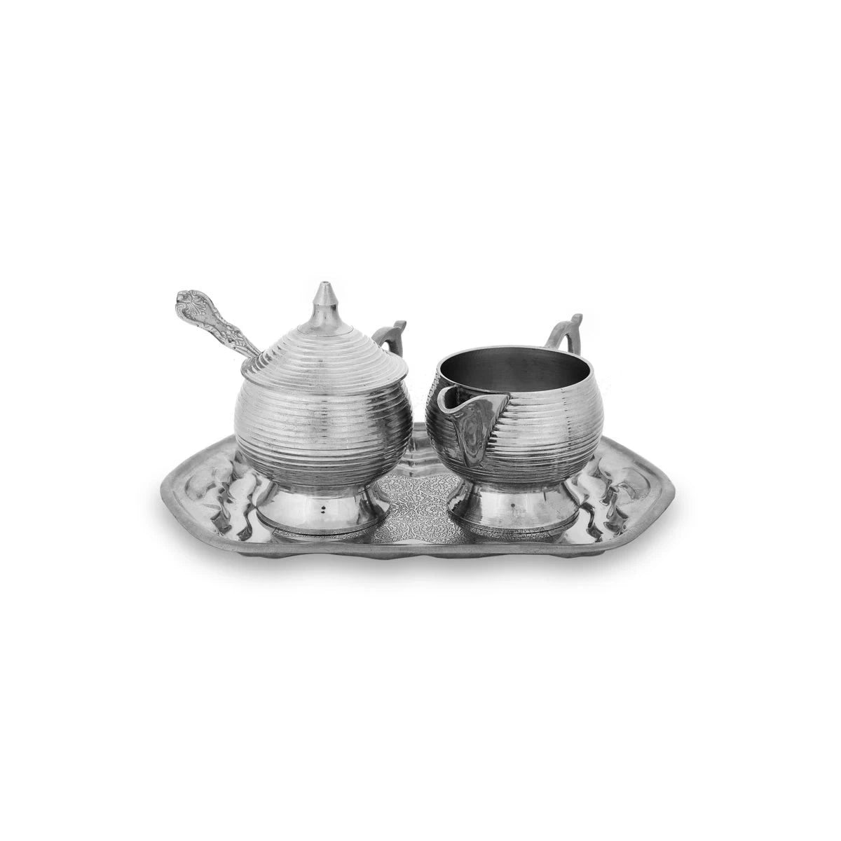 Front View of Shiny Silver Color Striped Brass Creamer Set - Showcasing Sugar Pot, Creamer Bowl, Spoon & Tray