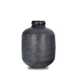 Front View of Raw Textured & Patinated Striped Brass Jar