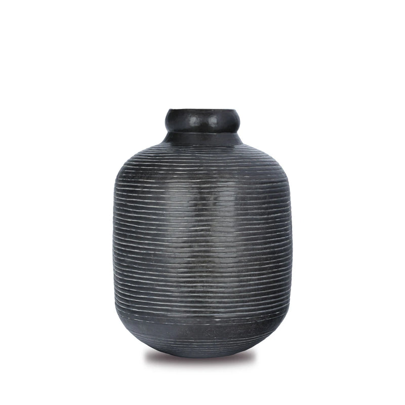 Front View of Raw Textured & Patinated Striped Brass Jar
