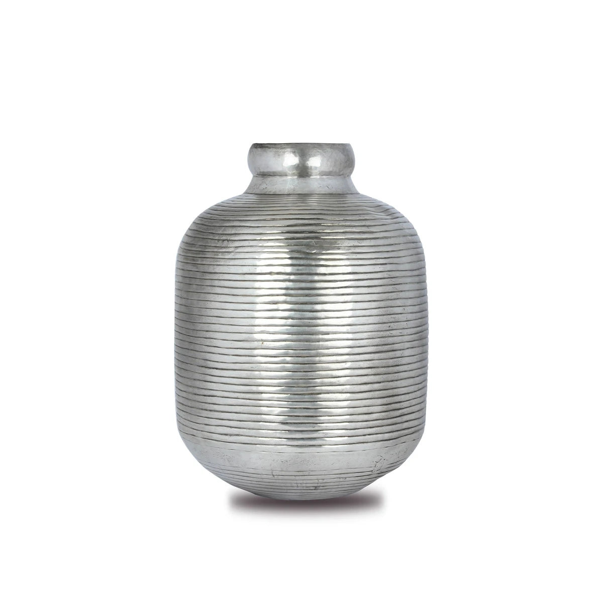 Front View of Glossy Silver Colored Striped Brass Jar