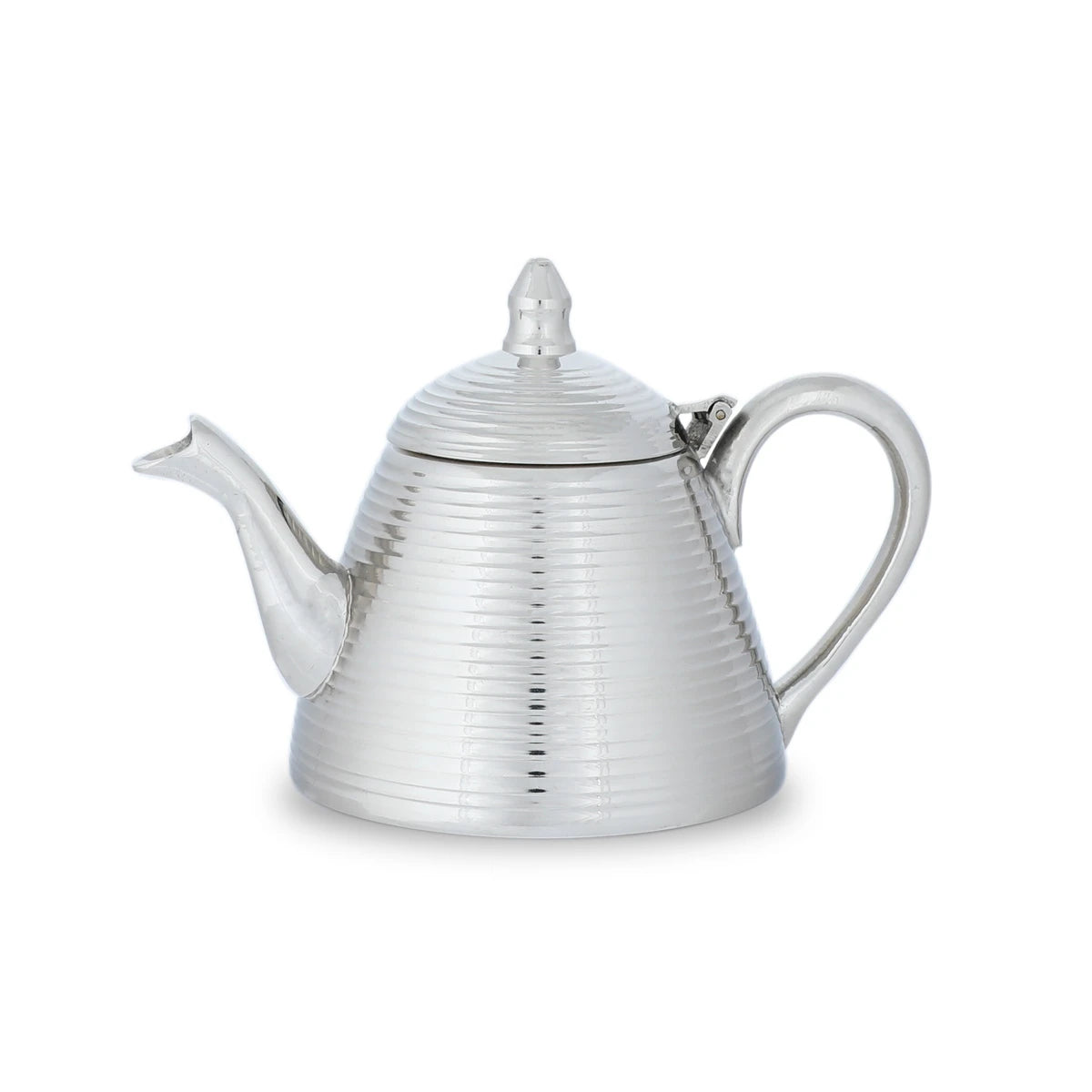 Side View of Glossy Silver Color Striped Brass Teapot