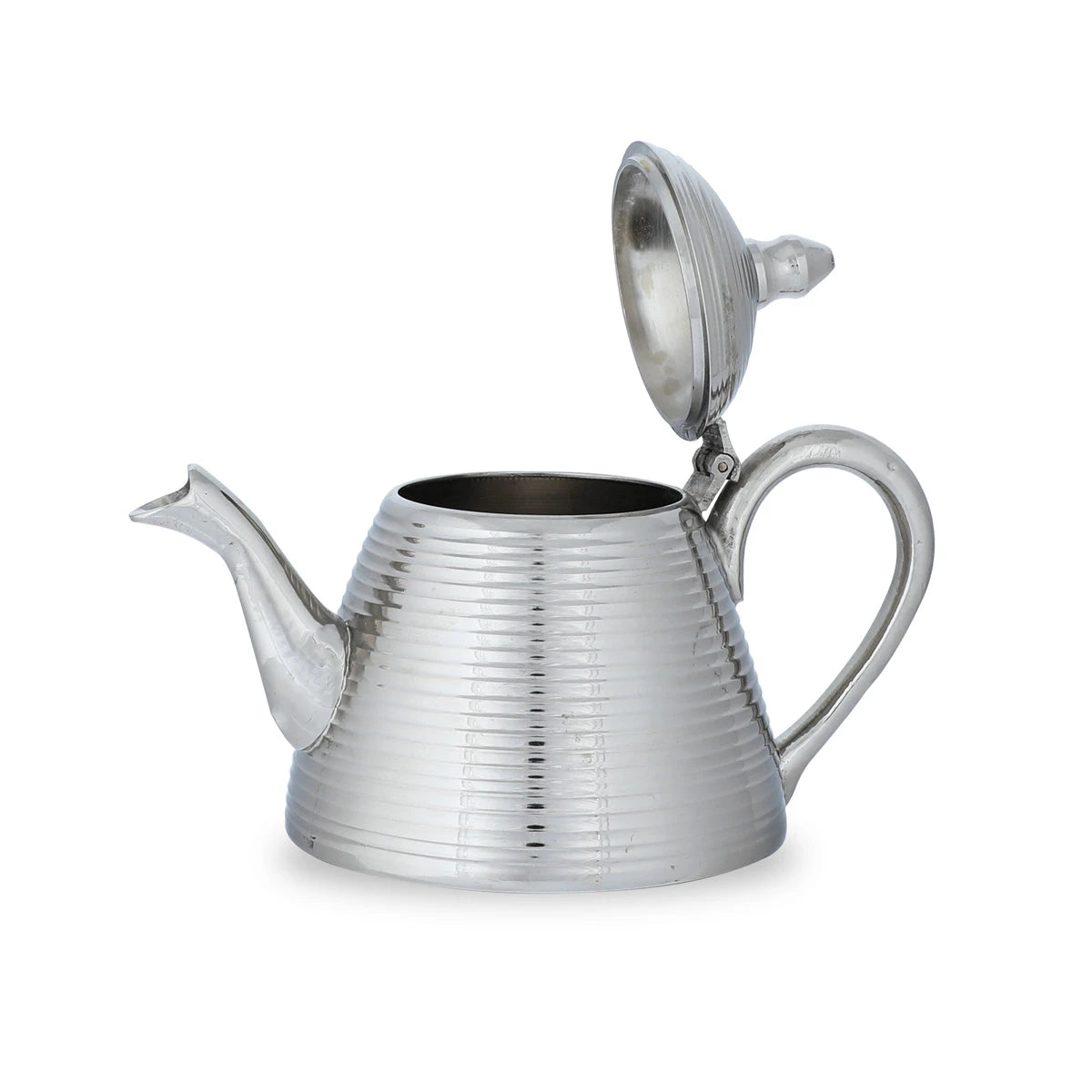 Side View of Striped Brass Teapot with Open Top