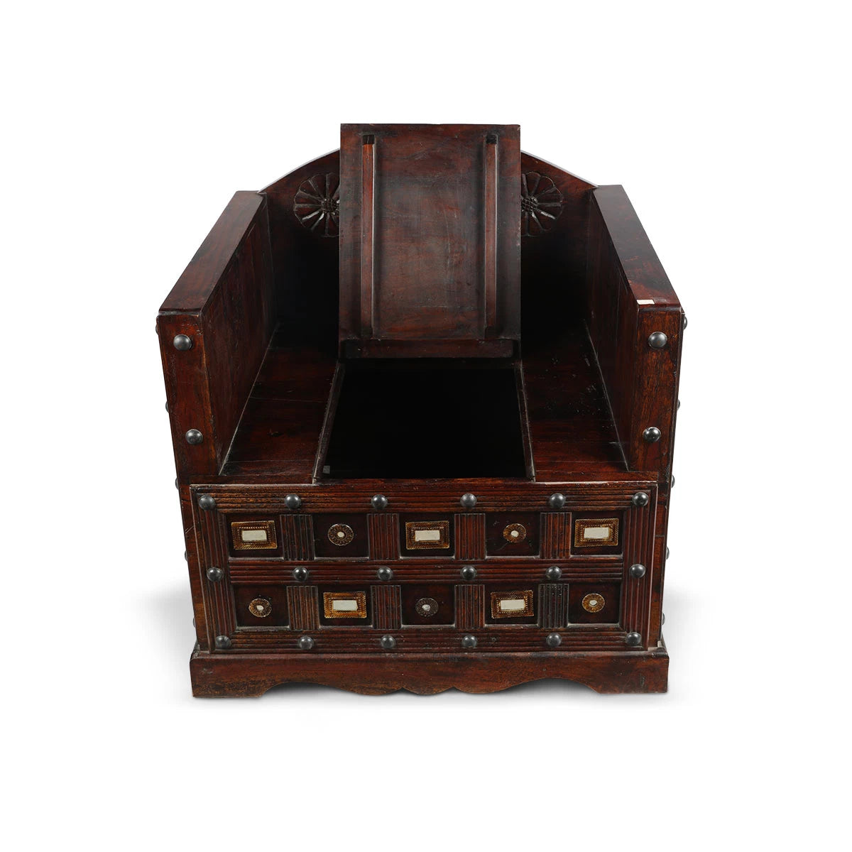 Angled Front View Studded Box Armchair Showcasing Hidden Storage Box 