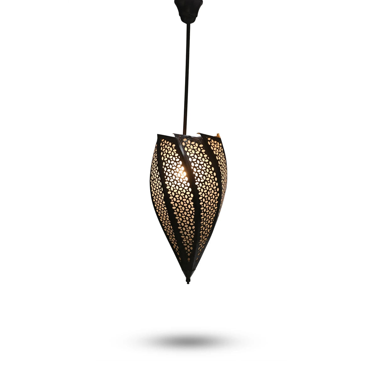 Front View of Swirled Syrian Ceiling Lantern with Lights On