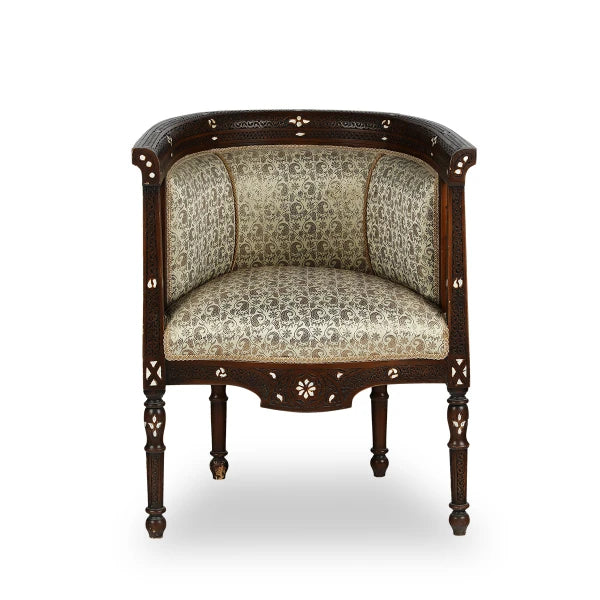 Front View of Syrian-Style One-Seater Chair Showcasing exquisite inlays & upholstery Work