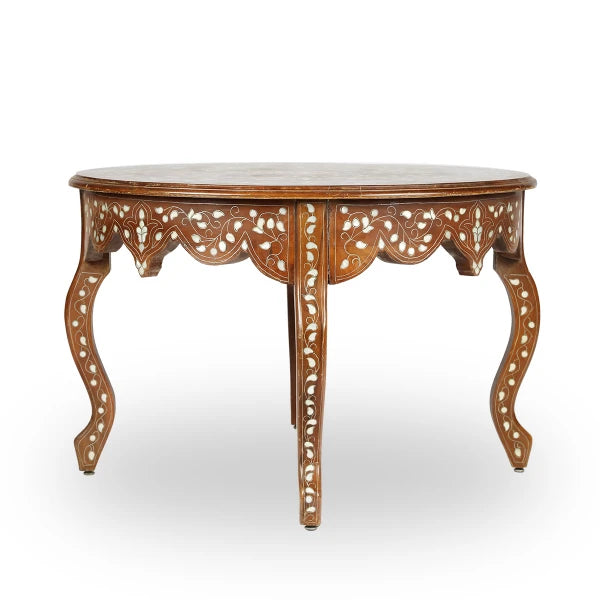 Side View of Syrian-Style Wooden Coffee Table showcasing elegant details of Mother of Pearl Inlays in Floral Patterns