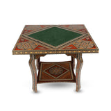 Side View of Syrian Mosaic Patterned Marquetry Inlaid  Wooden Playing Table Showcasing Green Play Deck