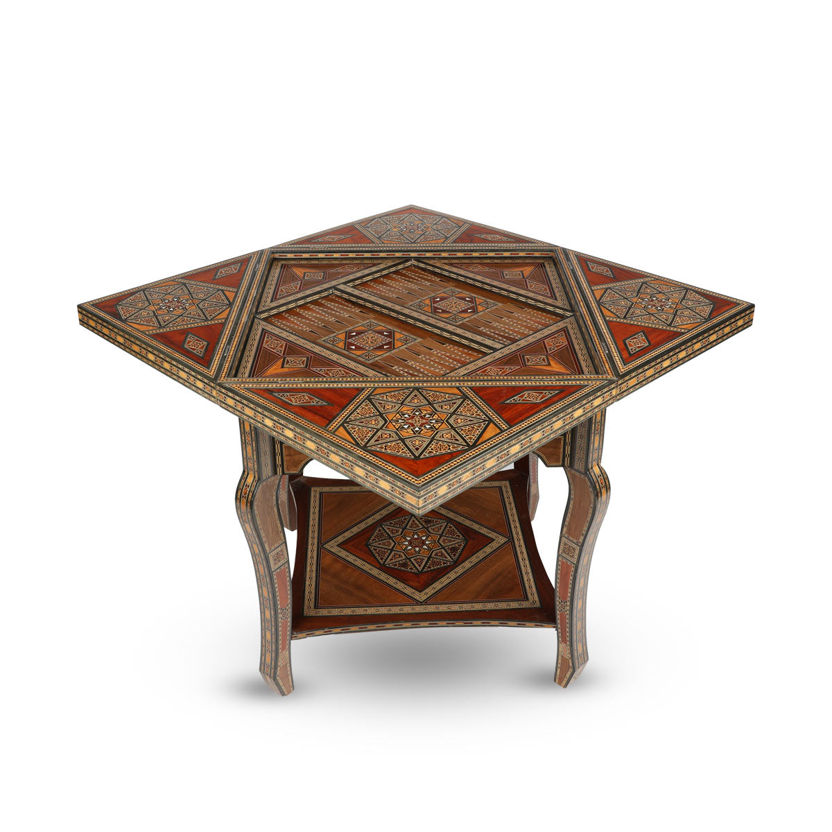 Angled Corner View of Syrian Mosaic Patterned Marquetry Inlaid  Wooden Playing Table