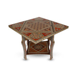 Angled Corner View of Syrian Mosaic Patterned Marquetry Inlaid Wooden Playing Table Showcasing Chessboard Top