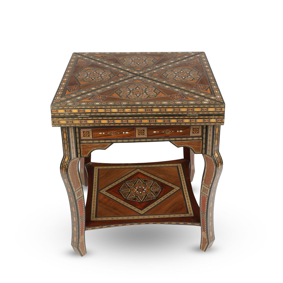 Side View of Syrian Mosaic Patterned Marquetry Inlaid Wooden Playing Table