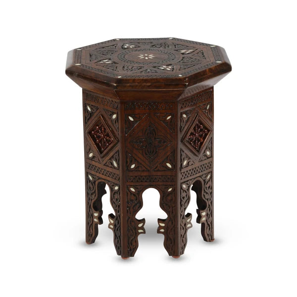Angled Front View of Syrian Artisan Octagonal Coffee Table Showcasing Mother of Pearl Inlays & Intricate Wood Work