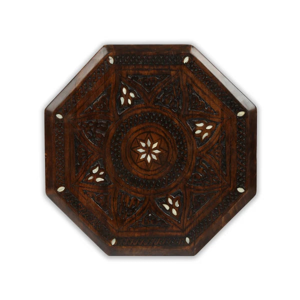 Table Top View of Syrian Artisan Octagonal Coffee Table Showcasing Mother of Pearl Inlays & Intricate Wood Work