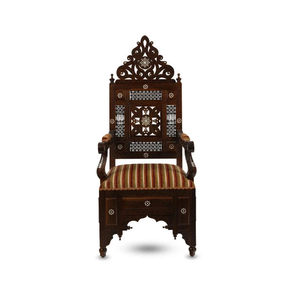 Front View of Syrian Artisan Throne Suite Chair Showcasing Striped Design Upholstery with Mashrabiya Work