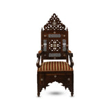 Front View of Syrian Artisan Throne Suite Chair Showcasing Striped Design Upholstery with Mashrabiya Work