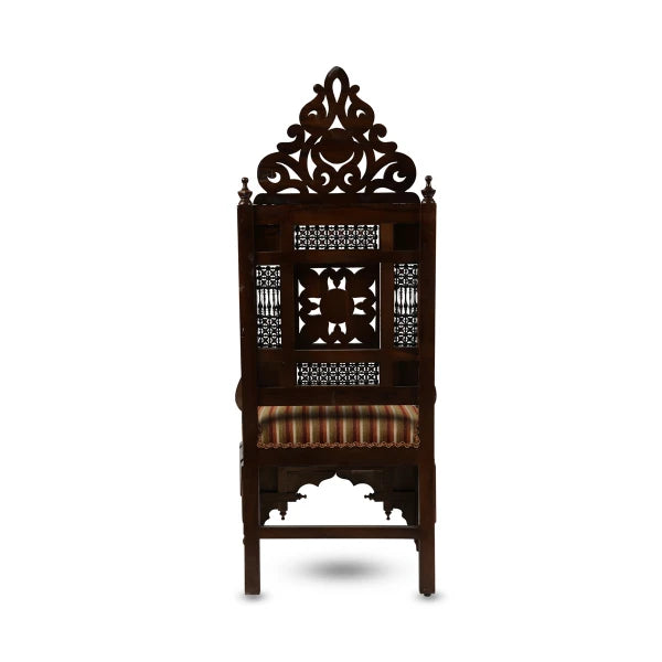 Back View of Syrian Artisan Throne Suite Chair Showcasing Striped Design Upholstery with Mashrabiya Work