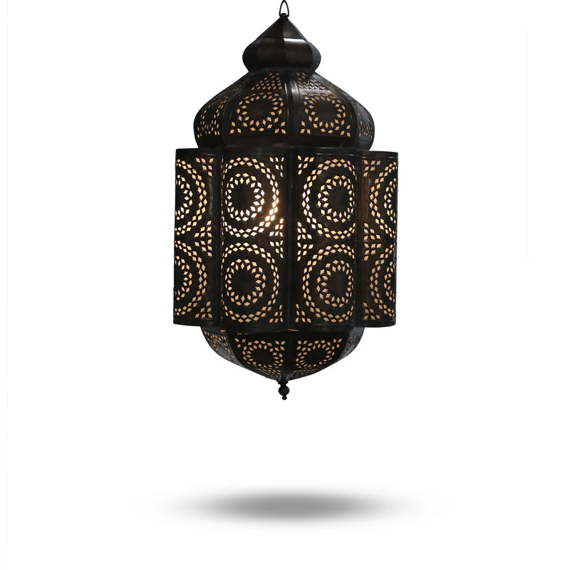Front View of Syrian Brass Nested Pendant with Bulbs On