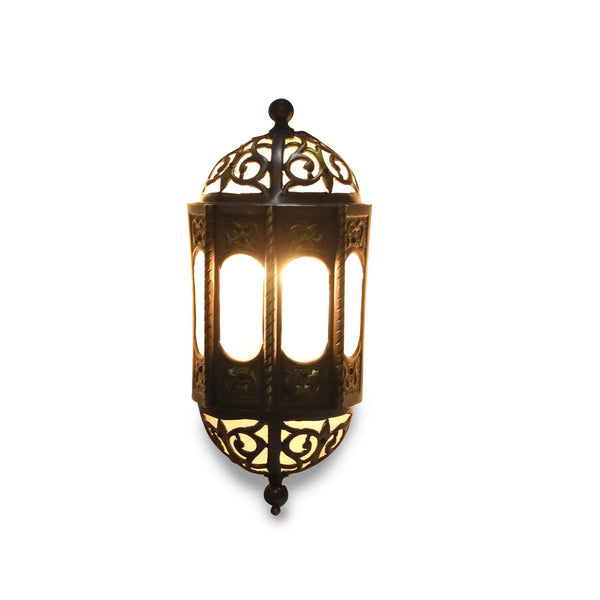 Front View of Syrian Brass Wall Light with Bulbs On