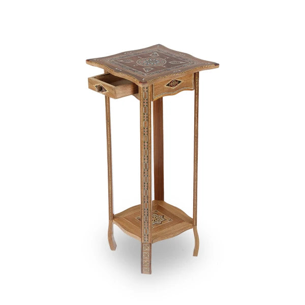 Angled Top View of Syrian Design Planter Table Stand Showcasing Open Storage Drawer