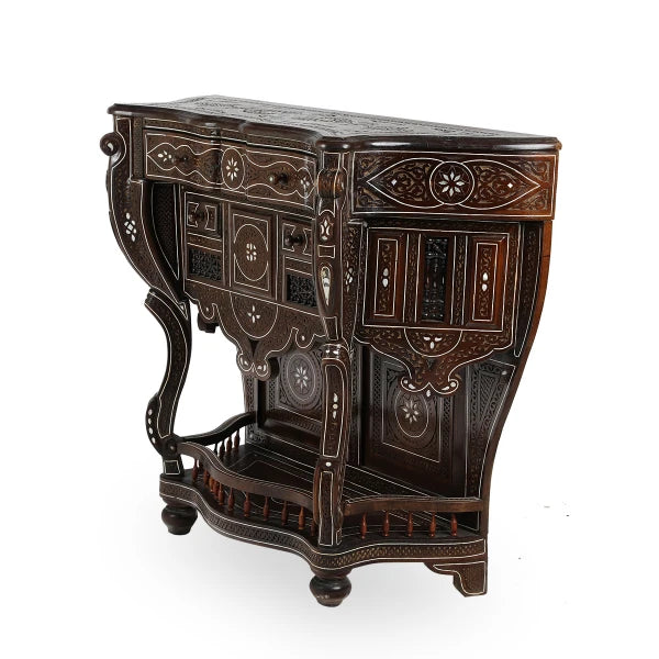Angled Side View of Syrian Design Wooden Console Table with Mother of Pearl Inlays
