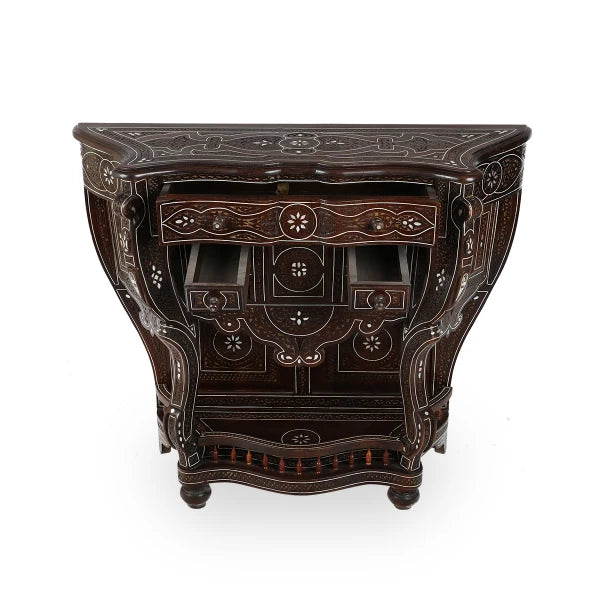Angled Top View of Syrian Design Wooden Console Table with Mother of Pearl Inlays Showcasing Open Storage Drawers