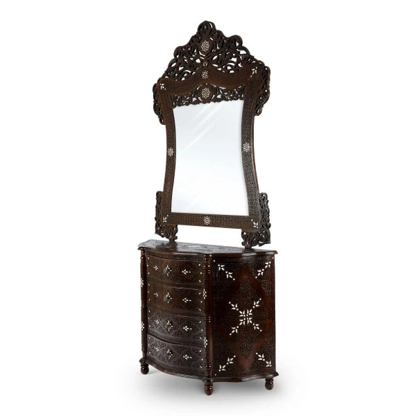 Angled Front View of Syrian Design Wooden Mirror Chest