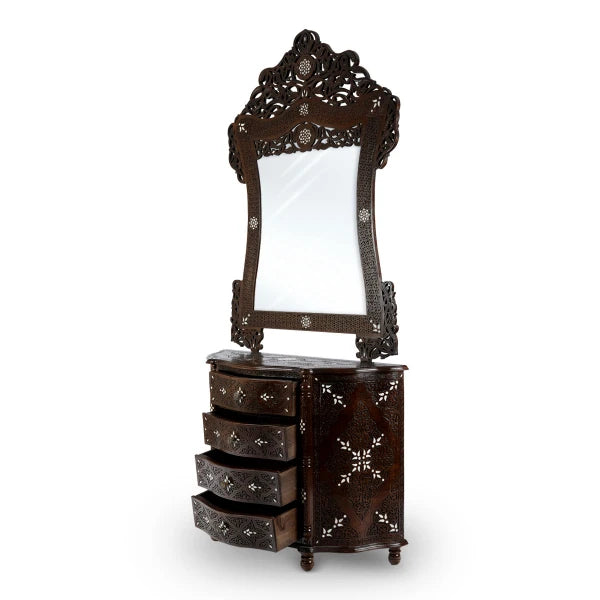 Angled Front View of Syrian Design Wooden Mirror Chest Showcasing Open Storage Drawers