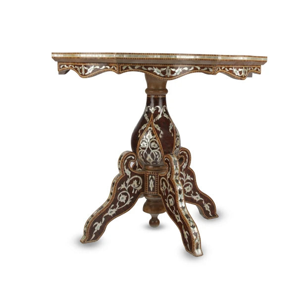 Side View of Syrian Design Wooden Pedestal Table Showcasing Exquisite Pedestal Base with Mother of Pearl inlays