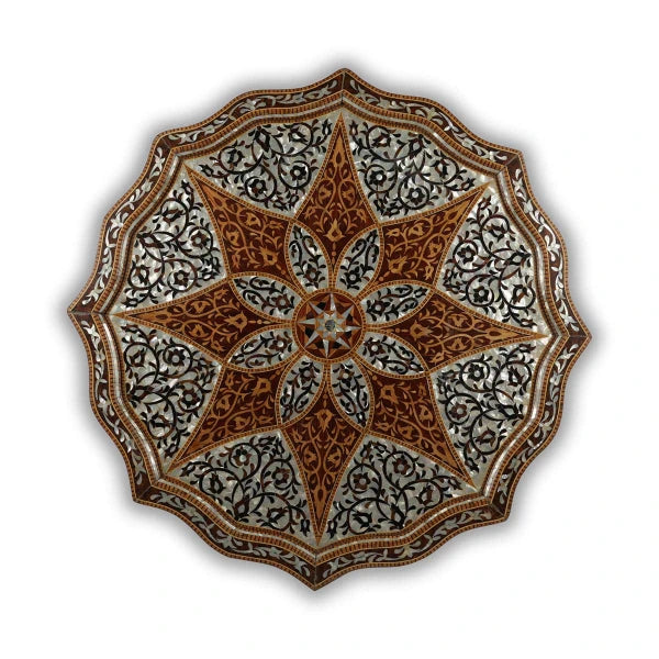 Table Top View of Syrian Design Wooden Pedestal Table Showcasing Exquisite Mother of Pearl inlays