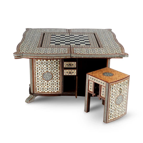 Side View of Syrian Game Table Showcasing Chess Game Top with Detachable Stool