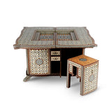 Side View of Syrian Game Table Showcasing Backgammon Game Top with Detachable Stool