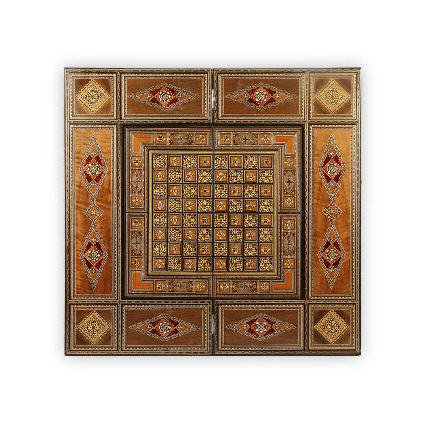 Chess game Table Top View of Syrian Mosaic Patterned Marquetry Inlaid Wooden Multipurpose Gaming Table