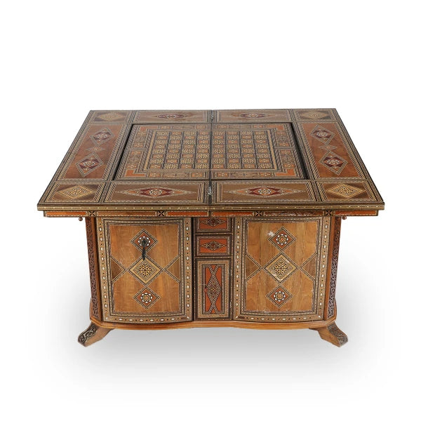 Angled Side View of Syrian Mosaic Patterned Marquetry Inlaid Wooden Multipurpose Gaming Table Showcasing Chessboard Table Top