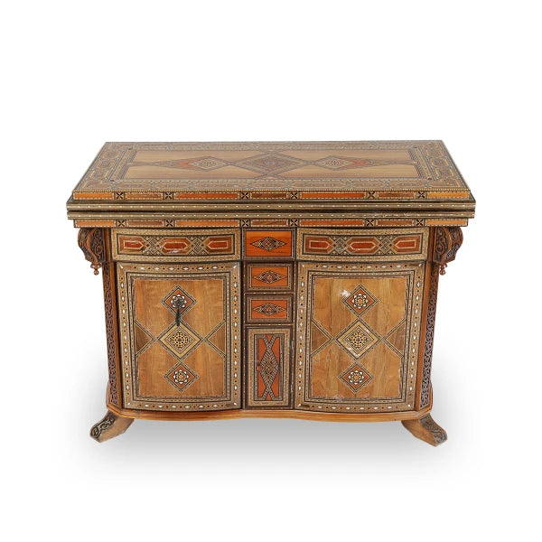 Angled Side View of Syrian Mosaic Patterned Marquetry Inlaid Wooden Multipurpose Gaming Table with Folded Top