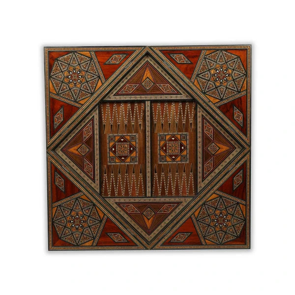Backgammon Board Top View of Syrian Mosaic Patterned Marquetry Inlaid  Wooden Playing Table