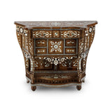 Front View Syrian Mother of Pearl Inlaid Brown Console Showcasing Elegant Details of Mother of Pearl Inlays