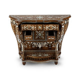 Front View Syrian Mother of Pearl Inlaid Brown Console Showcasing Open Storage Drawers