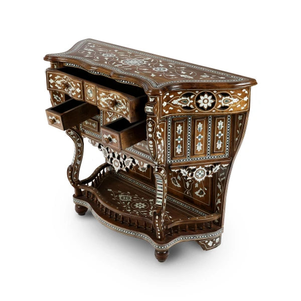 Angled Side View Syrian Mother of Pearl Inlaid Brown Console Showcasing Open Storage Drawers
