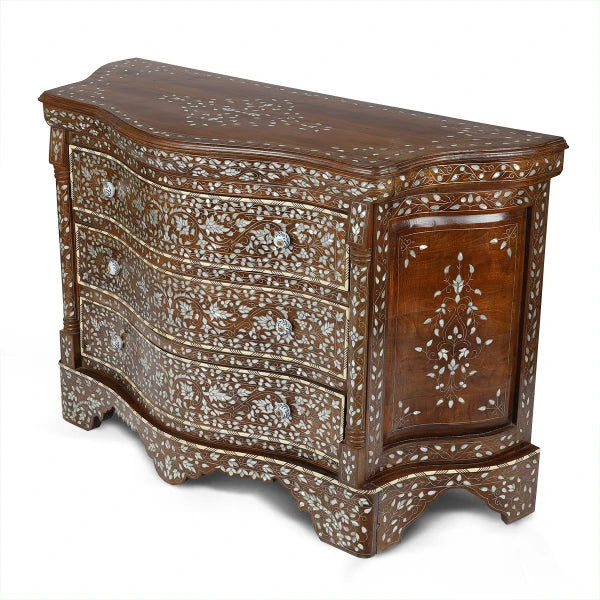 Angled Side View of Syrian Royale Décor Console Showcasing Exquisite Camel Bone & Mother of Pearl Inlays