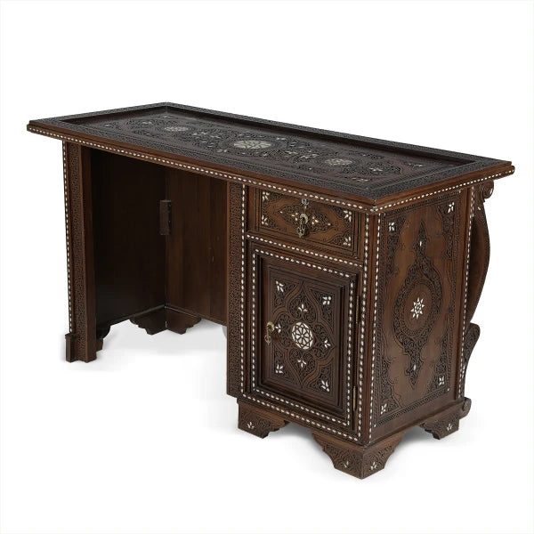Angled Counter Side View of Syrian Style Counter Table Showcasing Intricate Carving, Wood Working & Mother of Pearl Inlays 