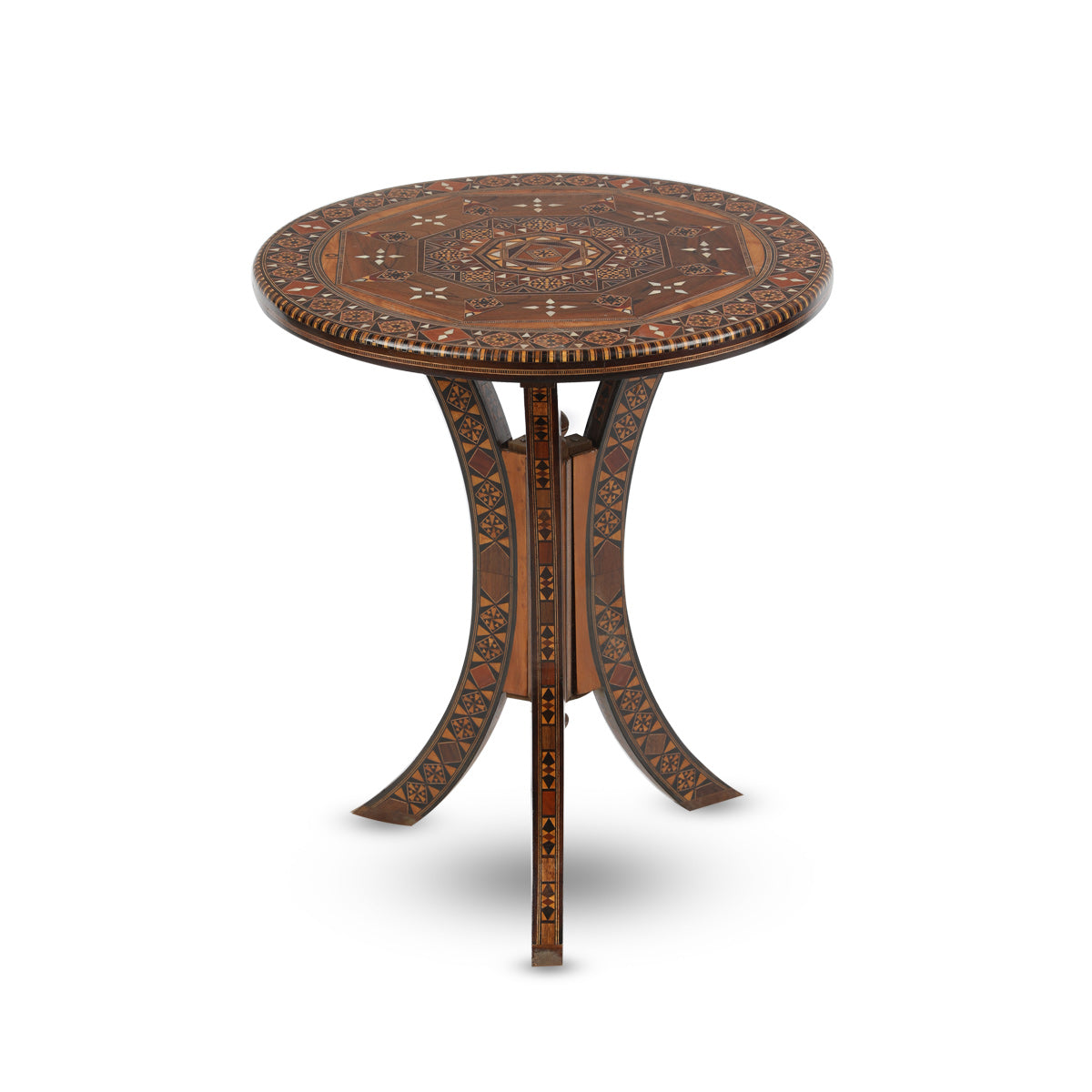 Front Close View of Syrian Style Round Mosaic Patterned Inlaid Wooden Coffee Table