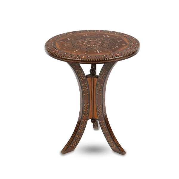 Angled Front View of Syrian Style Round Mosaic Patterned Inlaid Wooden Coffee Table