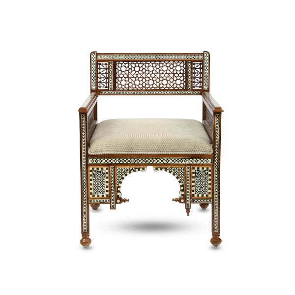 Front View of Syrian-Style Single-Seater Sofa showcasing exquisite arabesque & Inlay work with soft upholstery 