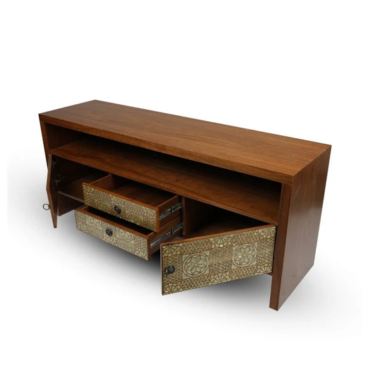 Counter view Syrian Wooden TV Console with Showcasing Open Storage Drawers & Compartments