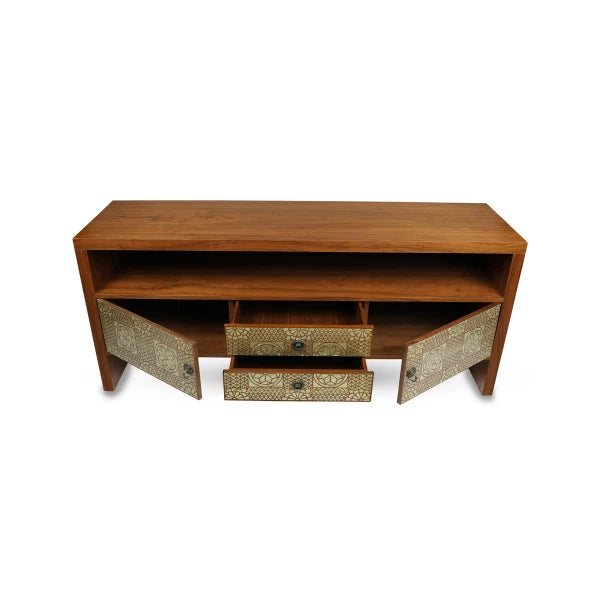 Top Angled view Syrian Wooden TV Console Showcasing Open Storage Drawers & Compartments