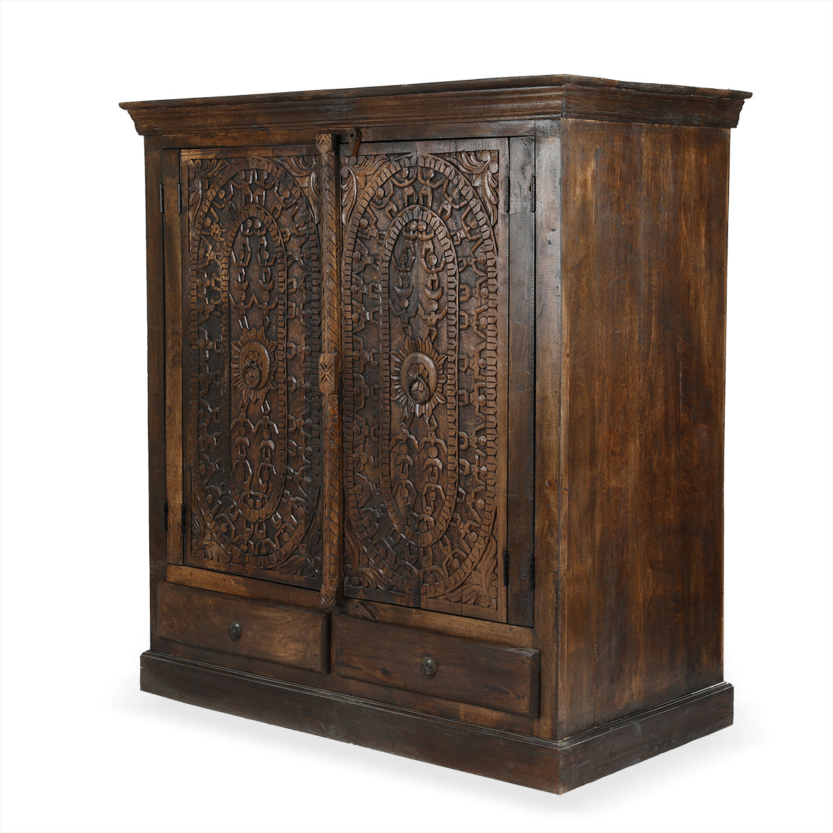 Antique Hardwood Wooden Cabinet Handmade with Carvings in Traditional Tribal Patterns