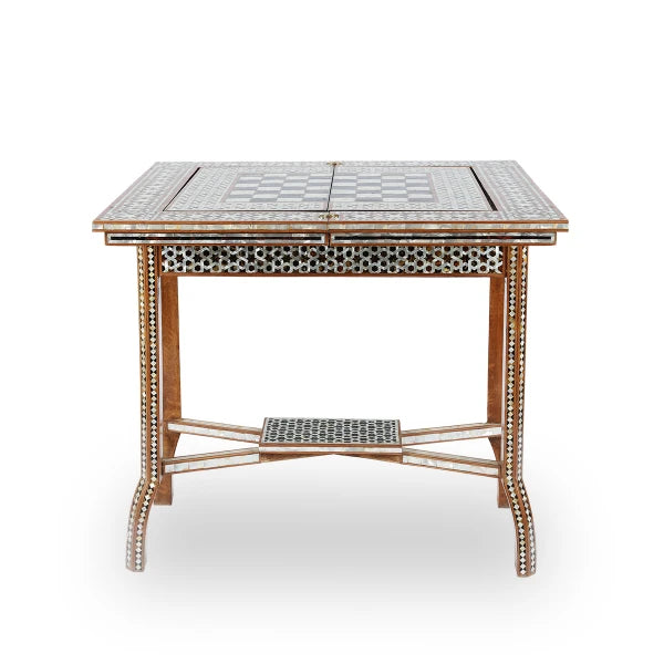 Side View of Mother of Pearl Inlaid Multi Game Table with Backgammon Board