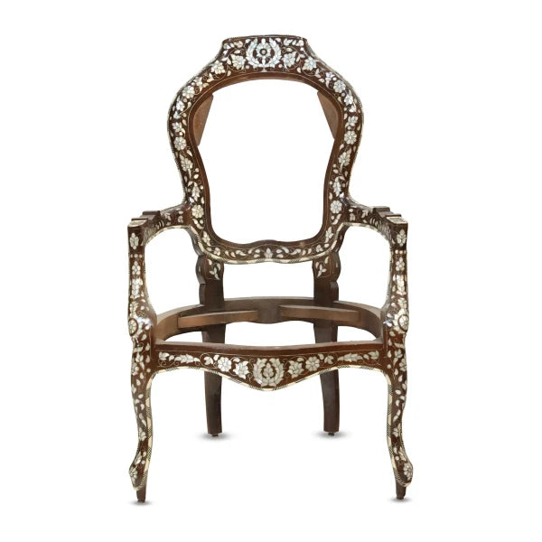 Front View of Thick Wood Arabian Chair with Mother Of Pearl Inlays